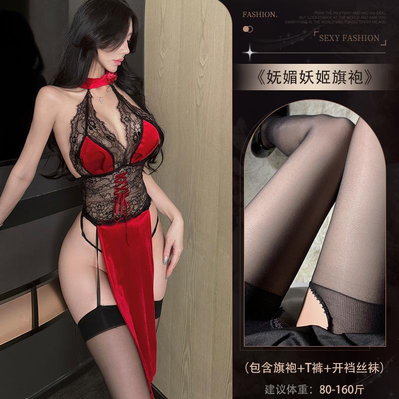 Sex Dessous Exotisch Sexy Spitze Perspektive Hohe Taille Schlitz Rose Cheongsam Verführung Uniform