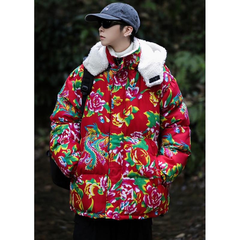A1 Hanfu Team Uniform: Warm Couple's Lambswool Coat with Detachable Hood, Chinese Style, Cold-Protection, Big Flower Design.