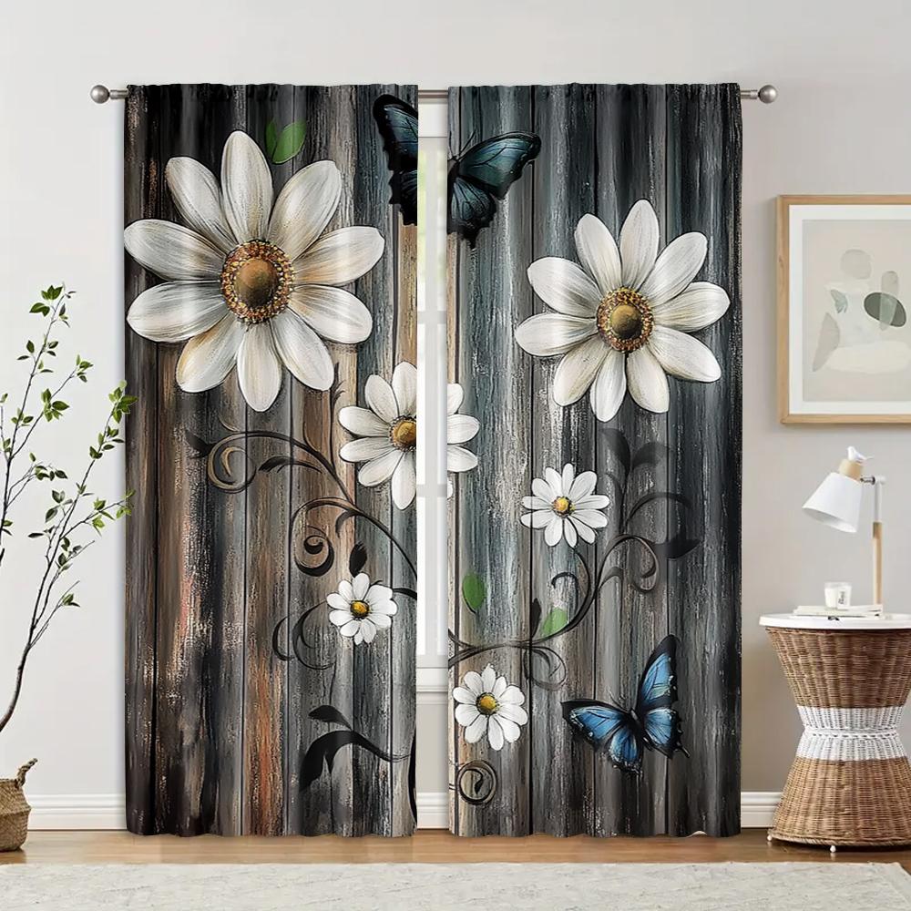 2pcs, Curtains Digital Printed 2D Print Daisies And Butterflies Machine Washable Polyester (without Rod) Art Deco Festive Use