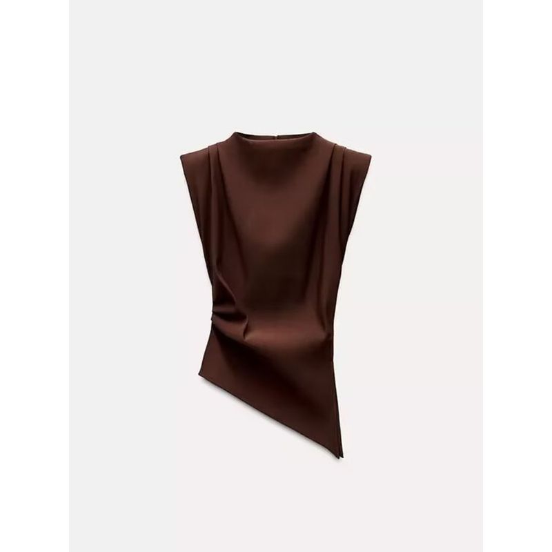 Za2024 Autumn New Women's Clothing Fashion Asymmetric Fold Decorative Padded Shoulder Sleeveless Vest Tops 0085845