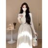 Elegant High-Neck Pleated Patchwork Knit Dress for Women - Waist-Cinched, A-Line, Perfect for Layering with Coats.