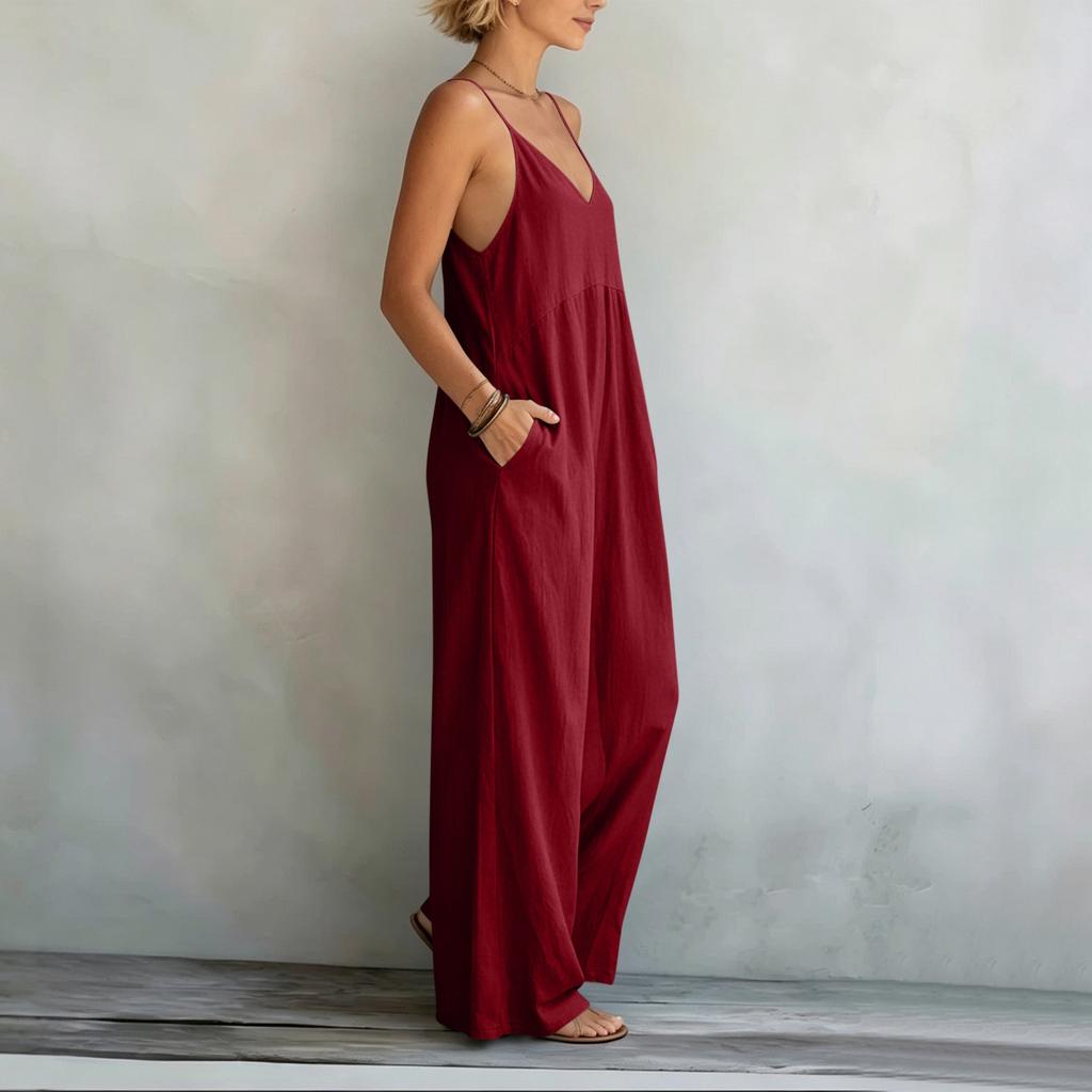 Damen Ärmelloser V-Ausschnitt Weiter Bein Lockerer Jumpsuit Lässiger Sommer-Strampler mit Taschen Leichtes Bequemes Design