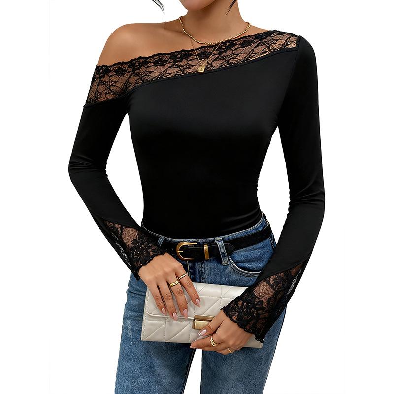 TEMU2025 New Autumn Style Elegant and Sexy Style Slim Lace One-shoulder Off-shoulder Black European and American Jumpsuit