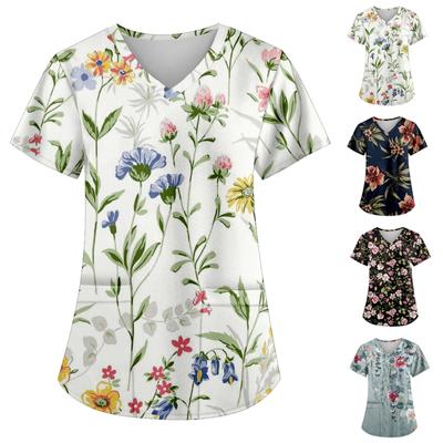 Women's Fashion Printed Work Uniform With Pocket T-Shirt Short Sleeve Top