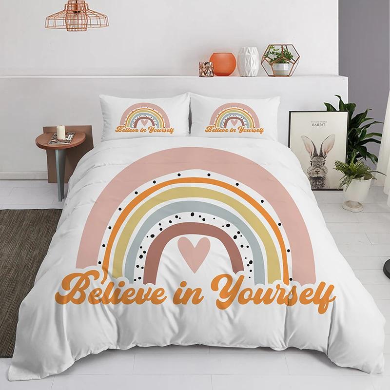 Trendy pastelkleuren regenboog Beddengoedset Baby Kinderen Dekbedovertrek 150x210 135x200 Met Kussenslopen En Rits EU Single 135*200cm/53x79in 3pcs