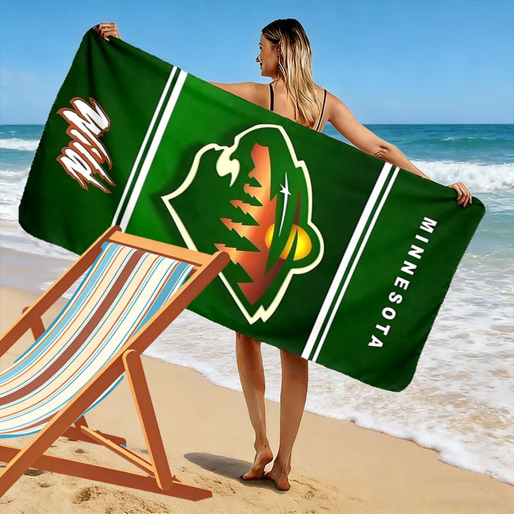 "Green Minnesota Wild Logo Design" Patterned beach towel quick dry perfect for travel outdoor sports jogging the beach and swimming