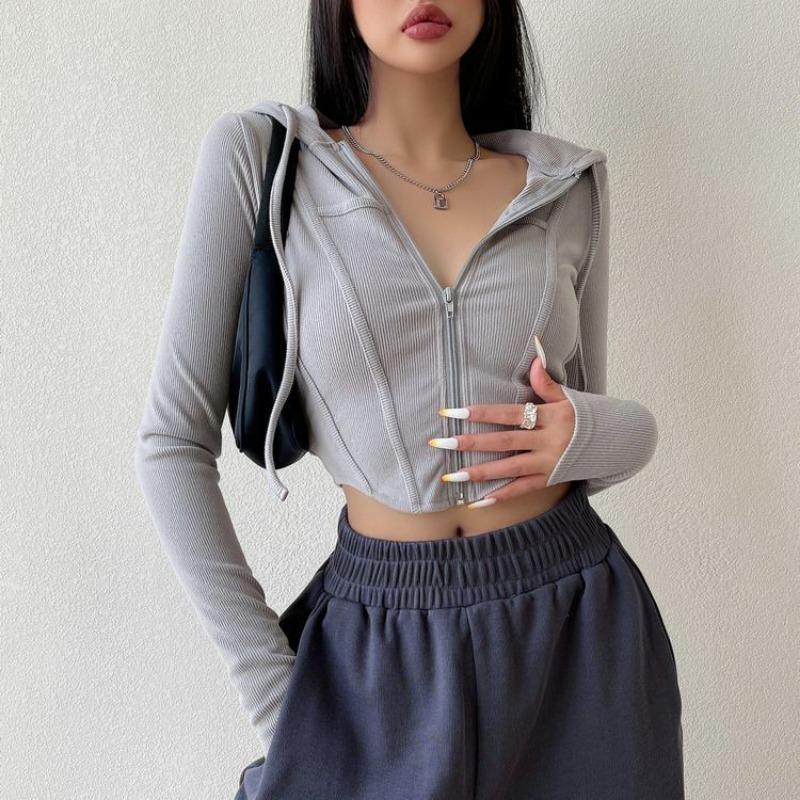 Sportwear Blouse Pure Desire Style Zipper Hooded T-shirt for Women's Spring and Summer New Style Slim Fit Waist Slimming Short Sleeved Jacket Coats