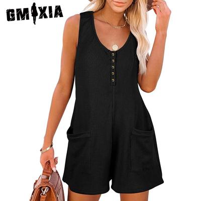 Women's Fashion Casual Button Pocket Vest Solid Color Print Summer Spring Sleeveless Trousers Jumpsuits & Rompers