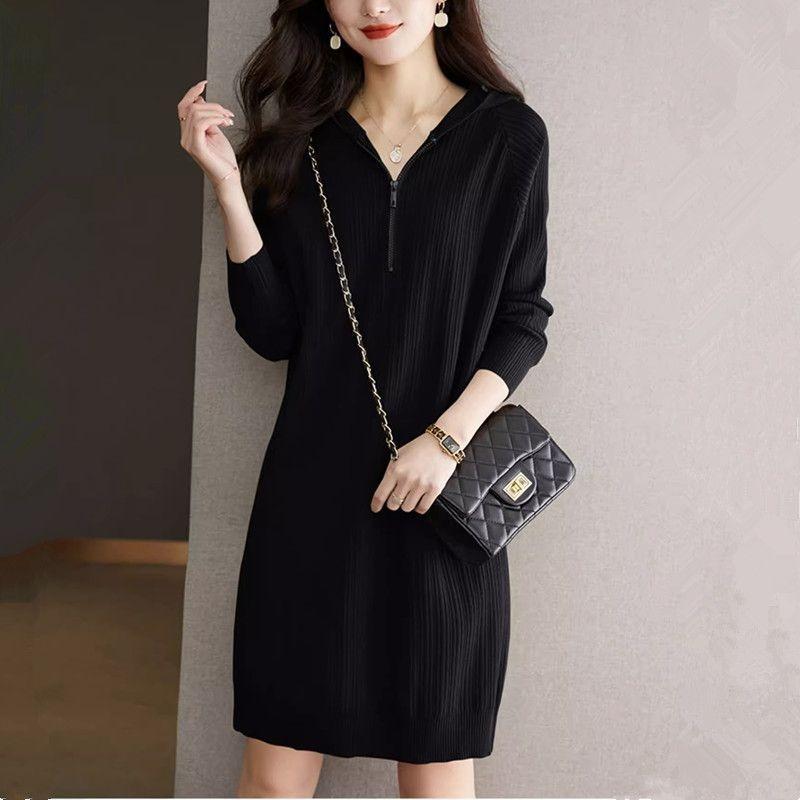 Zipper hooded dress women's autumn and winter new medium and long sweater with knitted dress bottoming shirt with coat