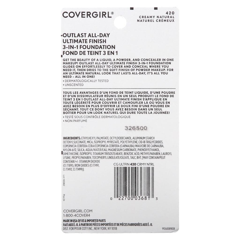 Covergirl, Outlast All-Day Ultimate Finish, 3 in-1 Foundation, 420 Creamy Natural, 0.4 oz (11 g)