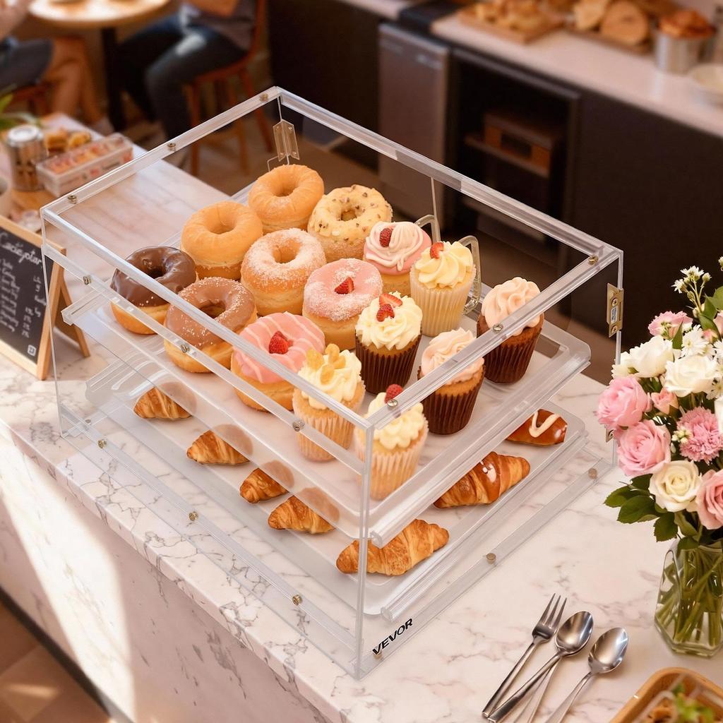Bakery Display Case, 2-Tier Commercial Countertop Pastry Display Case, Clear Acrylic Bread Box for Kitchen, Party Cake Cabinet with Magnetic Rear Door
