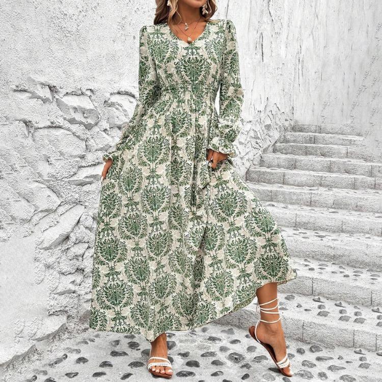 Women Floral Print V-neck Long Sleeve A-Line Dress Spring Summer Casual Elastic High Waist Ankle-Length Dresses