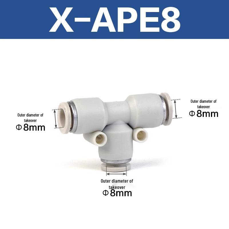 Yadake T-type Reducing Tee Pneumatic Quick Fitting, Push-in, X-APEG, Sizes: 12-10-8-6-4mm.