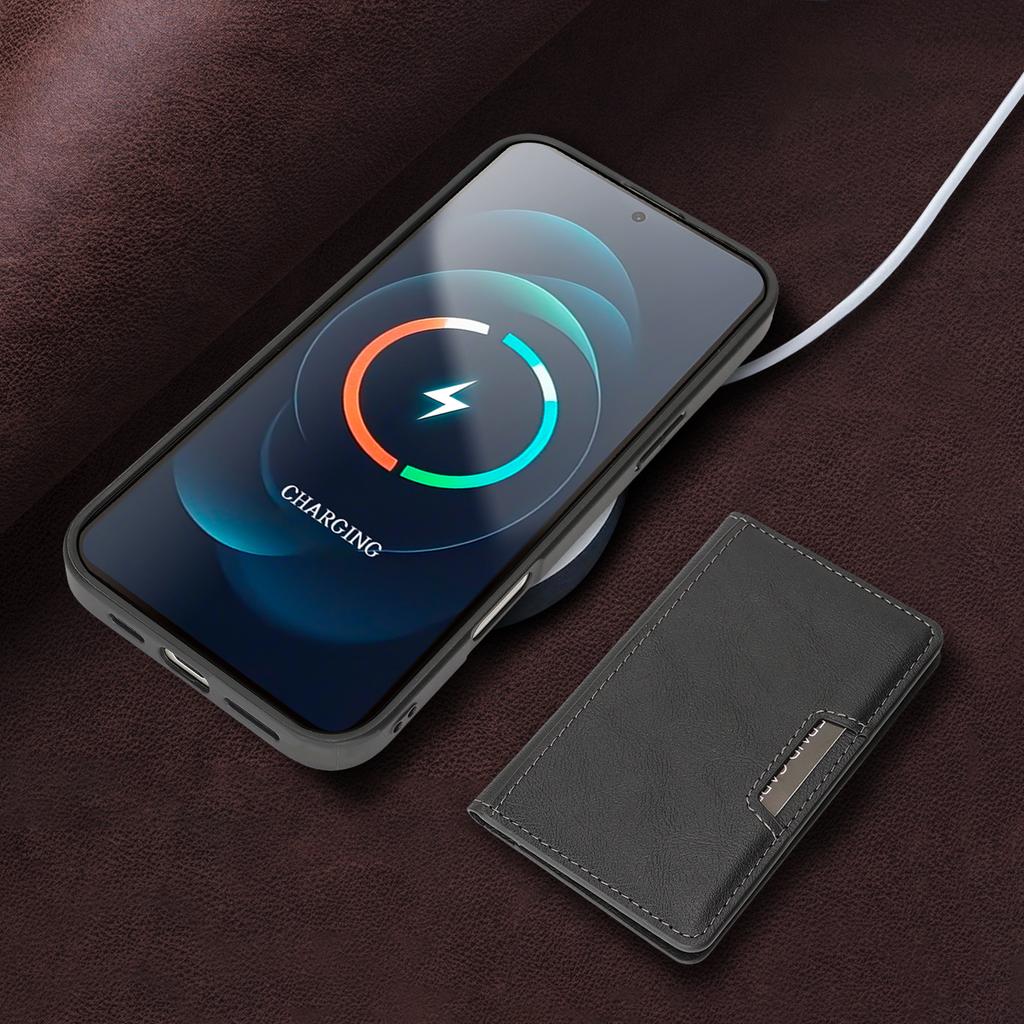 For iPhone 15 Pro Kickstand Case Bi-fold Card Bag PU Leather Coated TPU Cover Compatible with MagSafe