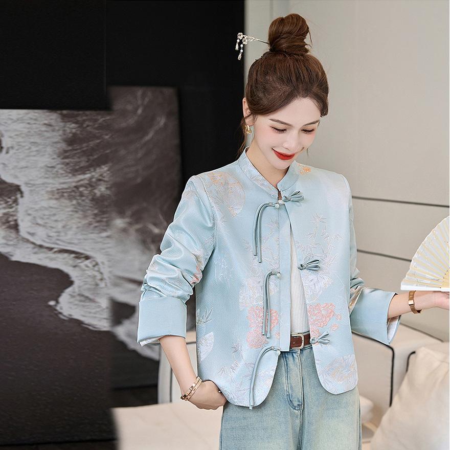 Blue jacquard jacket women's spring and autumn new temperament age-reducing button-up top