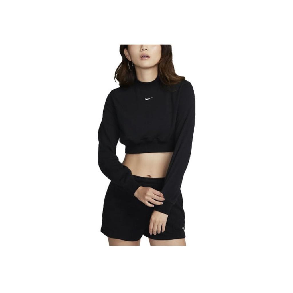 Nike Solid Color Logo Mock Neck Long Sleeve Cropped Top Women Tops Black FN2477-010