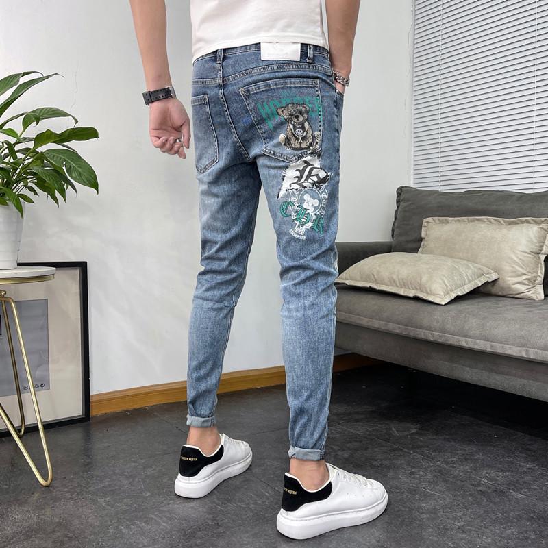 Men's Korean-Style Slim Stretch Jeans with Bear Print - Trendy European Fashion Skinny Pants for Spring and Summer