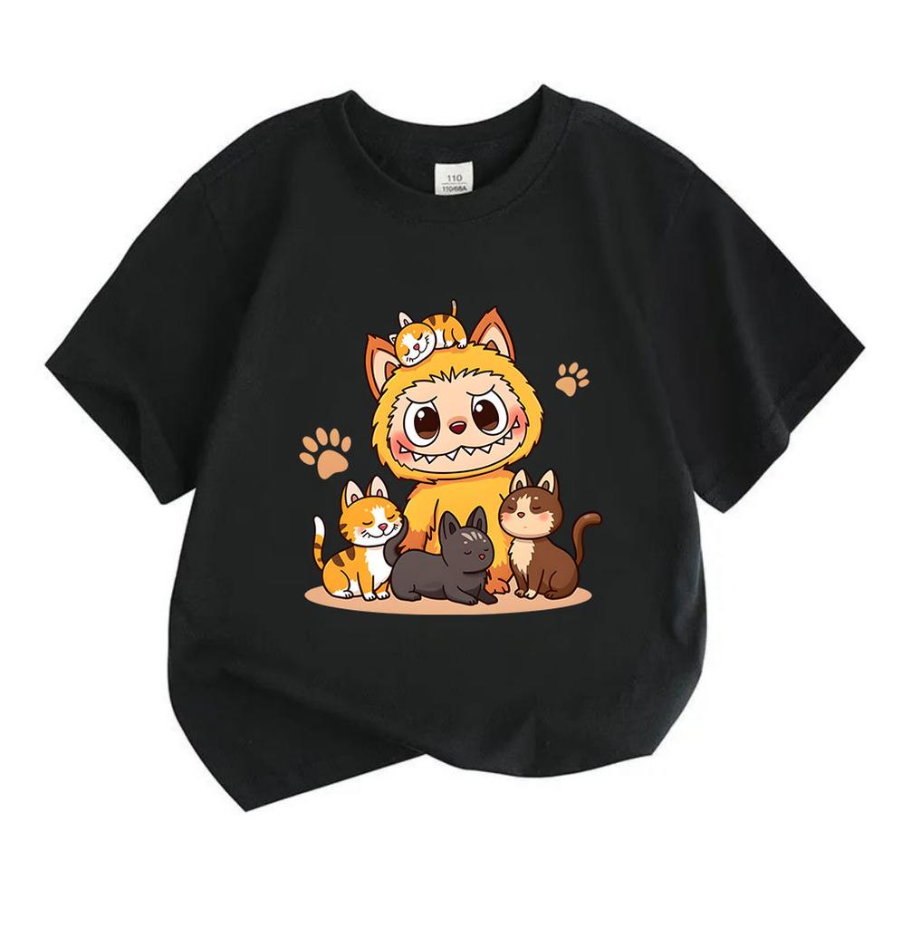 Cute Cartoon Orange Monster With Kitten Print Kids T-Shirt 100% Cotton Crew Neck Short Sleeve Tees for Boys Girls Casual Soft Breathable Summer Tops
