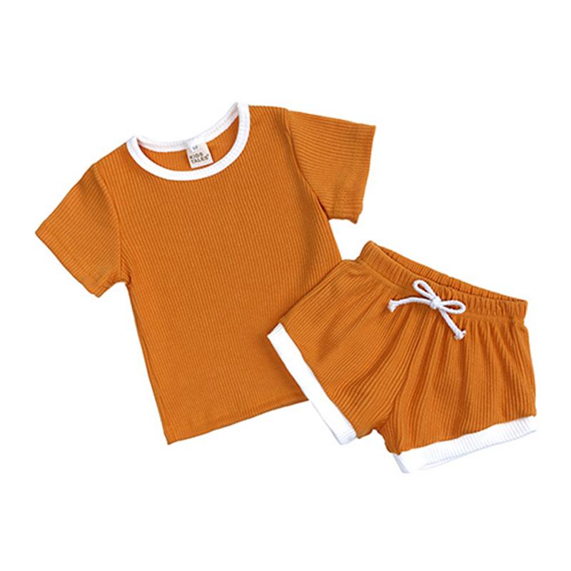 Casual Solid Color Baby Grils Clohting Set Summer Cotton Short Sleeve Tops+ Shorts O-neck Toddler Clothes Sets