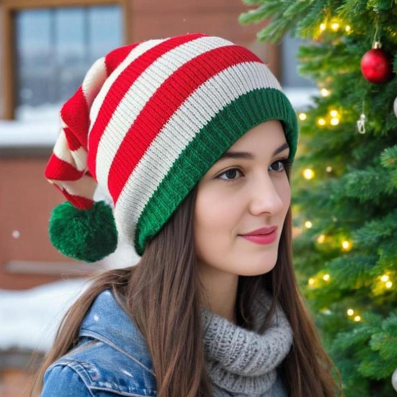 Christmas Hat Knitted Hat With Red And Green Stripes And Fur Ball Long Tail Hat Christmas Hat Old Man Hat