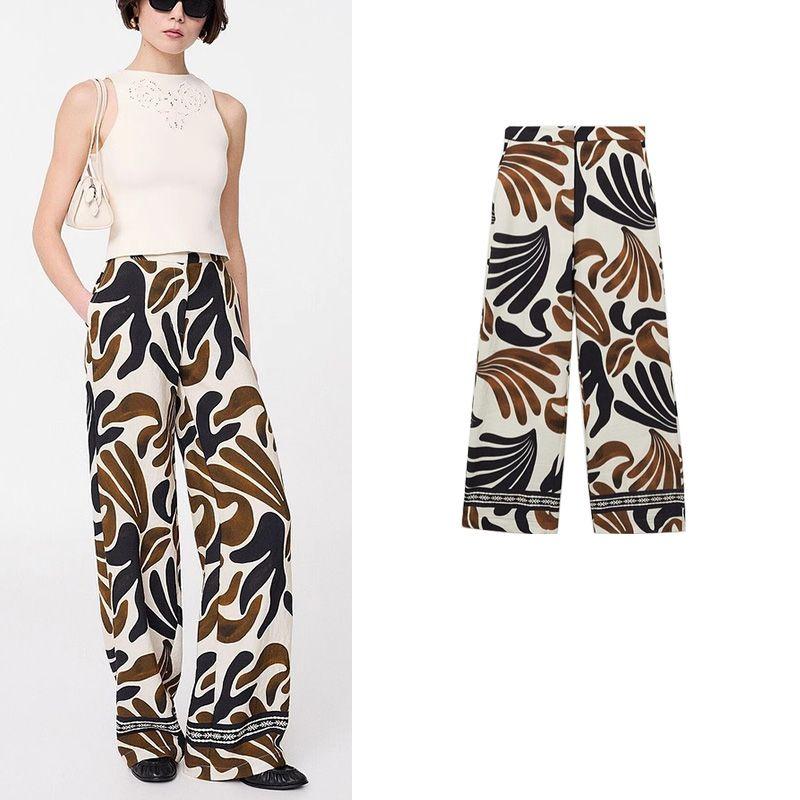 Summer New Arrival Women's Mid-Waist Vacation Travel Retro Print Casual Long Wide-Leg Pants 87027176