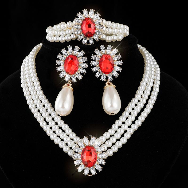 Water Drop Imitation Pearl Necklace Earrings Set Bridal Rhinestones Pearl Clavicle Chain Jewelry Women красный