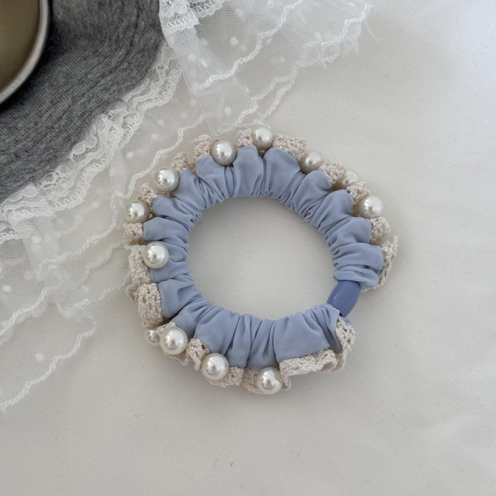 Soft and Comfortable Sea Salt Blue Lace Edge Mask, Small Ice Thread Hair Band, Fashionable and Simple Pearl Hair Accessory