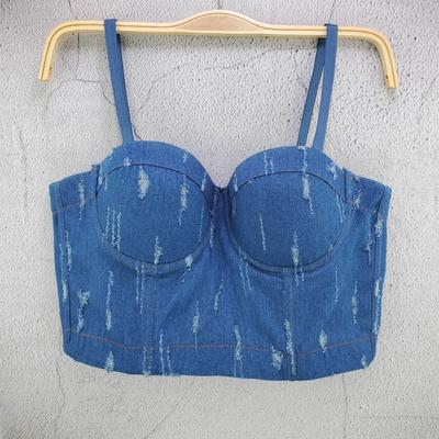 Ripped Fashion Trendy Denim Straps Tank Top Size-specific Wrap-around Underwire Women's Clothing Top Lace-up Vest Backless Camis & Tank Tops