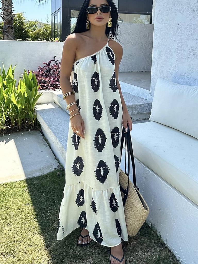 Oversized French Style One-Shoulder Strappy Beach Dress for Women
