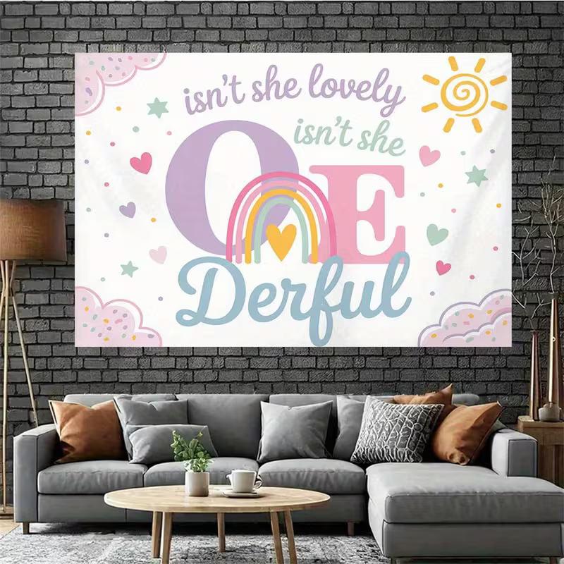 2D Flat Printing One-derful 1st Birthday Background Cloth, Pastel Rainbow Party Decor