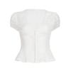French V Neck Jacquard Button Top – Slim Fit Lace Trim Short Sleeve Solid Color Women’s Blouse