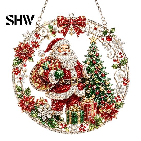 Christmas Faux Diamond Art Ornament Kit Kit, Santa Angel Sun Catcher DIY Acrylic Textured Bead Round Board, 3D Craft for Adults, Festive Window