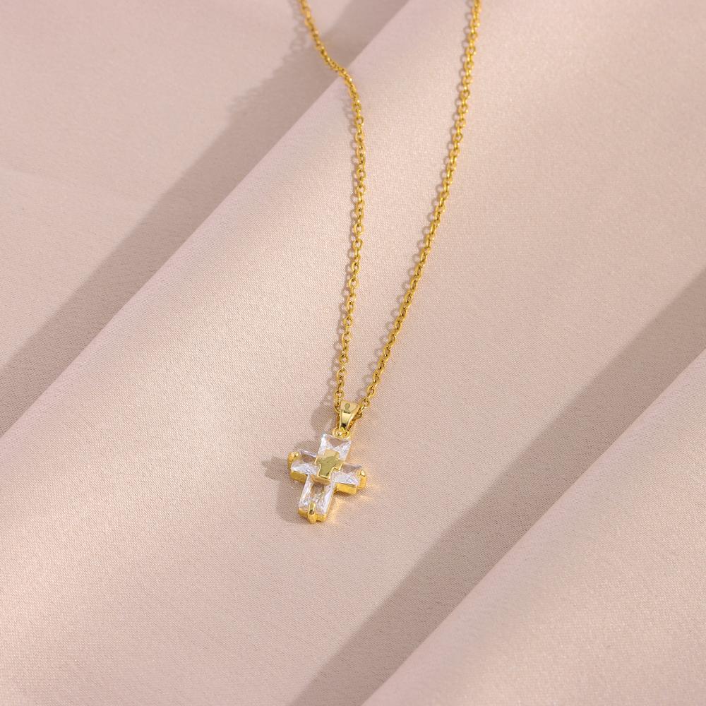 Sparkly Zircon Crystal Cross Pendant Necklaces For Women Trendy Female Stainless Steel Neck Chain Jewelry Girls Party Gift