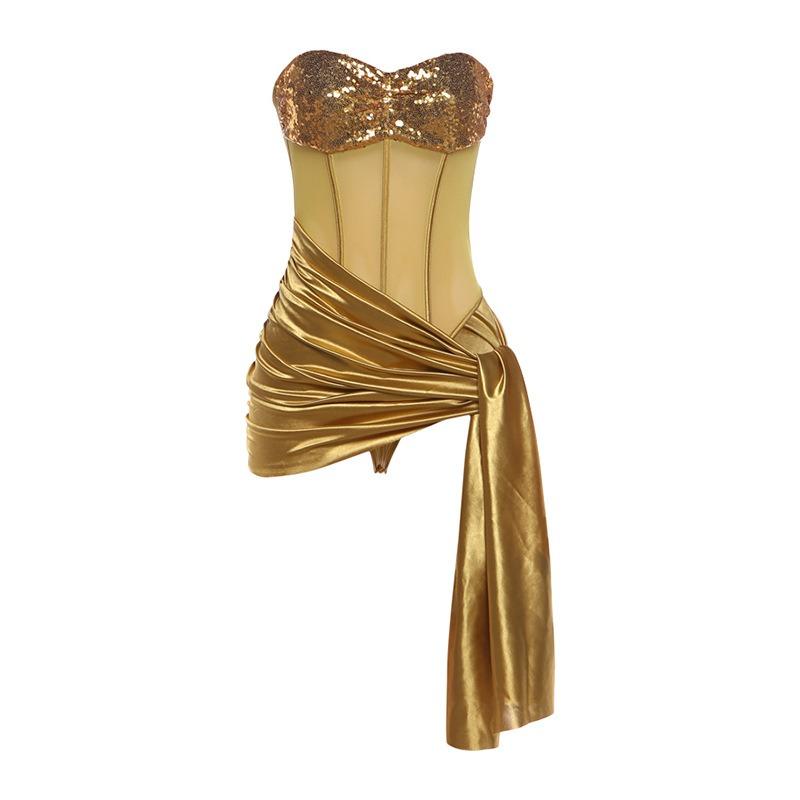 

Summer New Fashion Bright Sleeveless Tube Top High Waist Splicing Tight Onesie Women L жовтий
