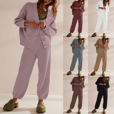 Women's Two Piece Outfits Sweater Sets Oversized Knit Cardigan And High Waisted Baggy Pants Matching  Sets