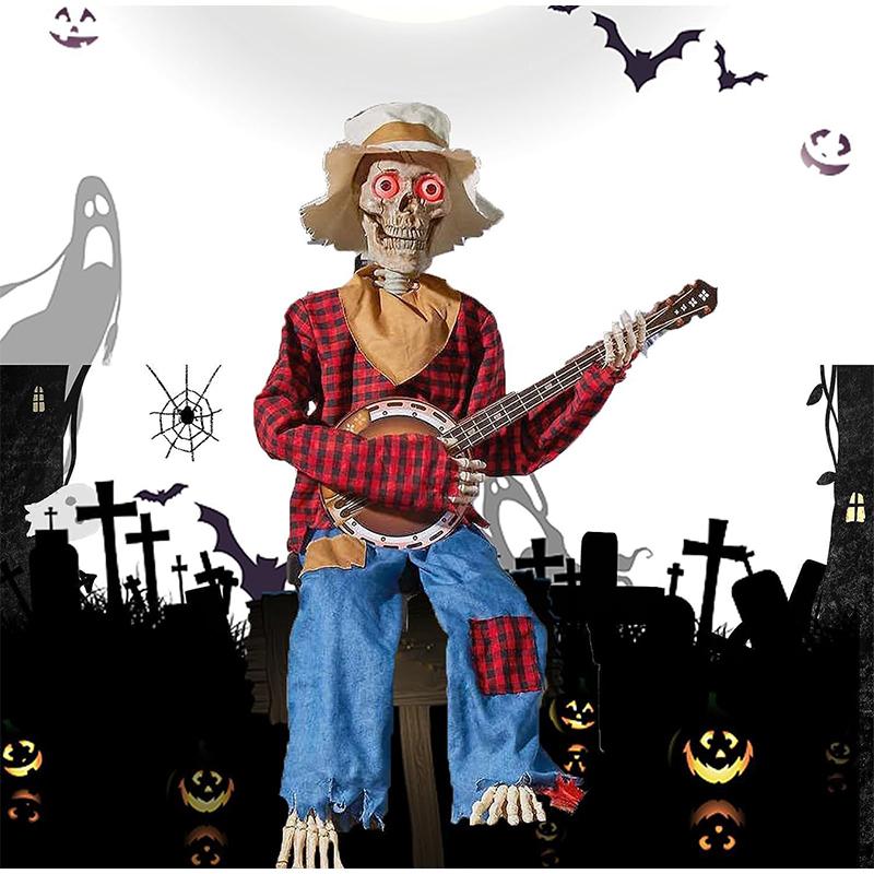 40CM Vtipné animované kostlivci hrající na banjo s červenýma LED očima Halloweenské houslové kostlivé ozdoby Kytarová lebka Dekorativní ozdoby