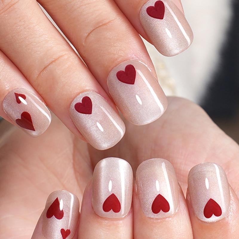 24Pcs Heart Pattern Short Square False Nail Fashion Cats Eye Press On Nail For Daily Wear And Parties