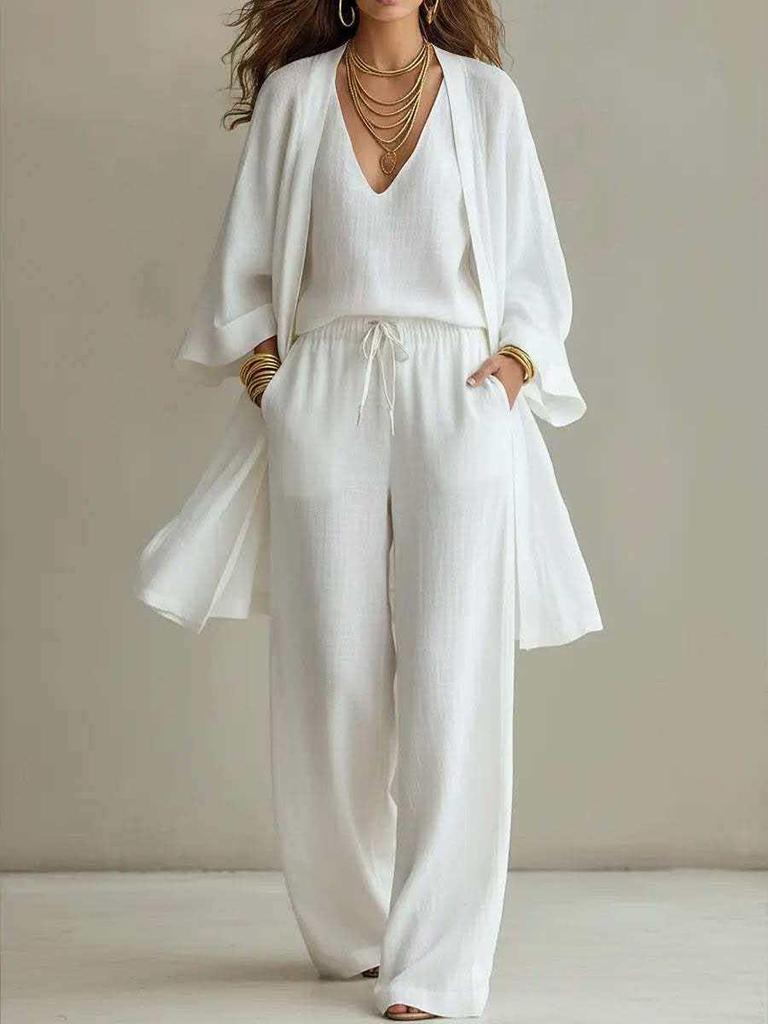 European/American Spring-Fall Three-Piece Set: Loose 9-Sleeve Cardigan, Sleeveless Vest, and Long Pants.