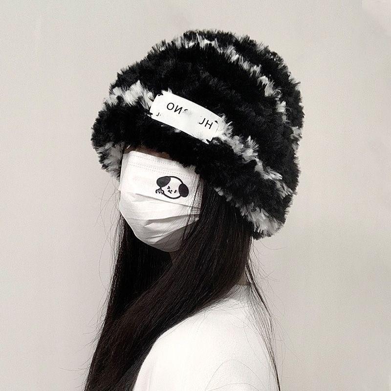 Winter Woolen Striped Knit Hat for Women Fluffy Warm Thickened Large Head Circumference Earflap Face-Slimming Slouchy Hat