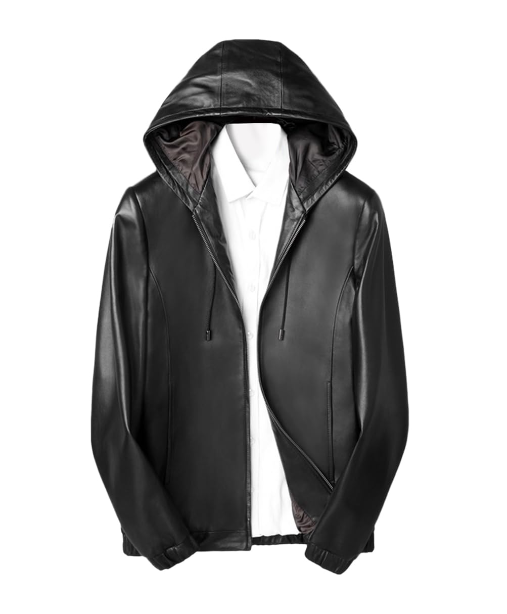 JINLUN Hooded Leather Genuine Sheepskin Simple Black Outerwear Men s Jacket, Rider s Jacket, Leather, Style, Fall/Winter/Spring, чёрный