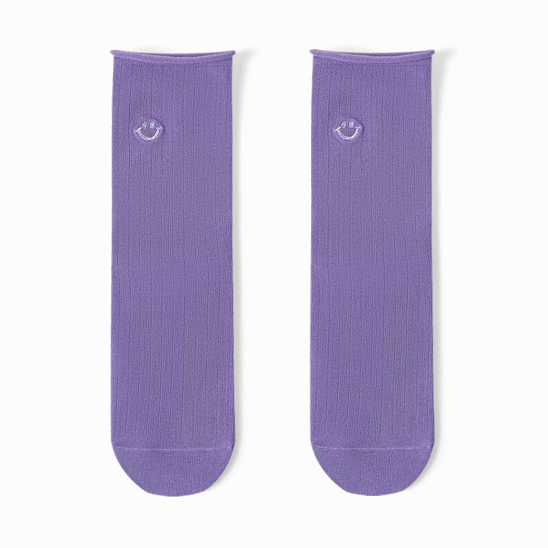 Female Spring and Autumn Color Embroidery Vertical Bar Rolled Edge Antibacterial Drum Pile Pile Cotton Socks