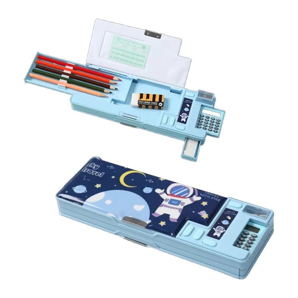 2025Double Layer Pencil Case Astronaut/Animal Design Pencil Sharpener Pencil Box Plastic With Calculator Stationery Organizer