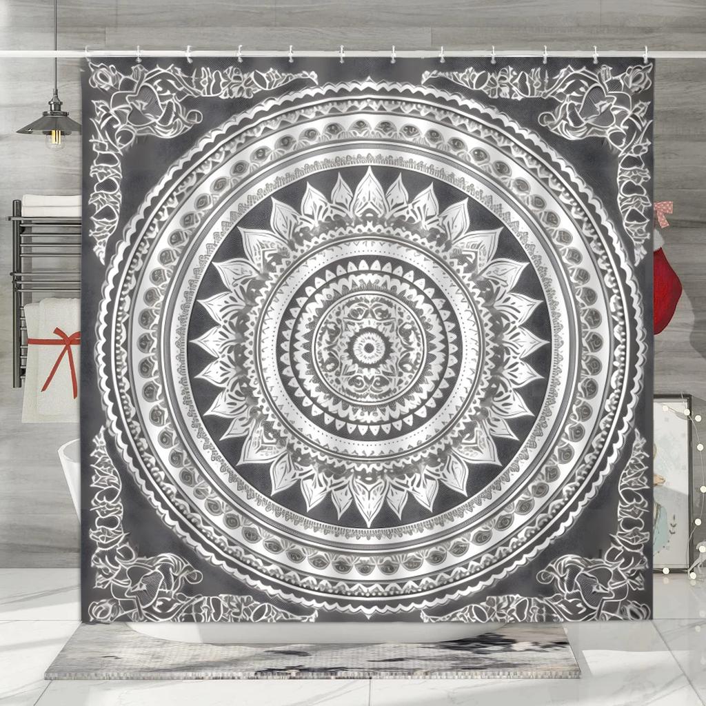 Bohemian 3D Shower Curtain, Indian Mandala Flower Green Blue Chic Color Modern Pattern Bathroom Fabric Home Decor Shower Curtain