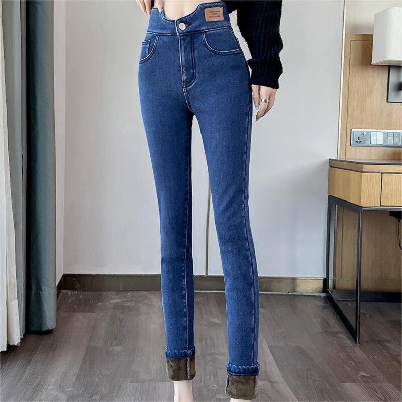 Winter Jeans High Waist Button Slim Women Fleece Skinny Elasticity Thickening Warm Velvet Female Little Feet Pencil Denim Trouser