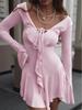 Herbst-Einfarbiges Schlank geschnittenes Wickel-Rüschenkleid mit ausgestellten langen Ärmeln