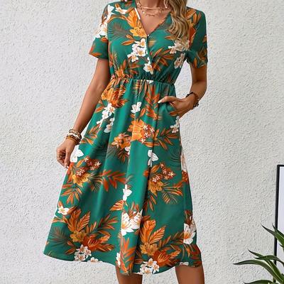 Vestido feminino elegante de manga curta com decote em V e estampa floral de verão
