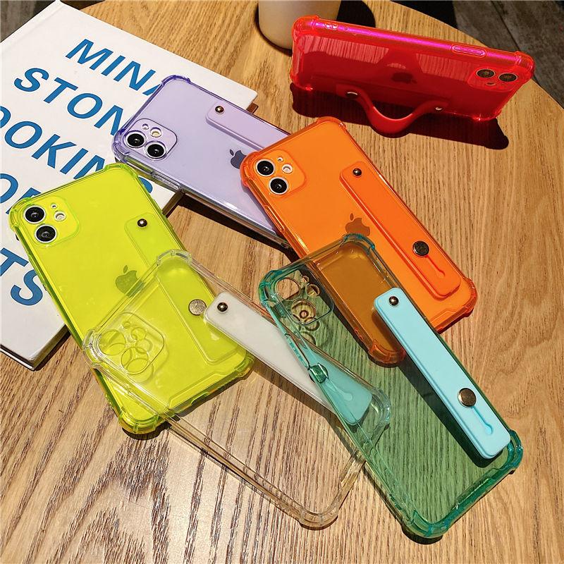 Fluorescent Clear Phone Case For Iphone 14 13 12 11pro Max Xr Xs Max 14plus X Soft Tpu Shockproof Wrist Strap Stand Back Cover