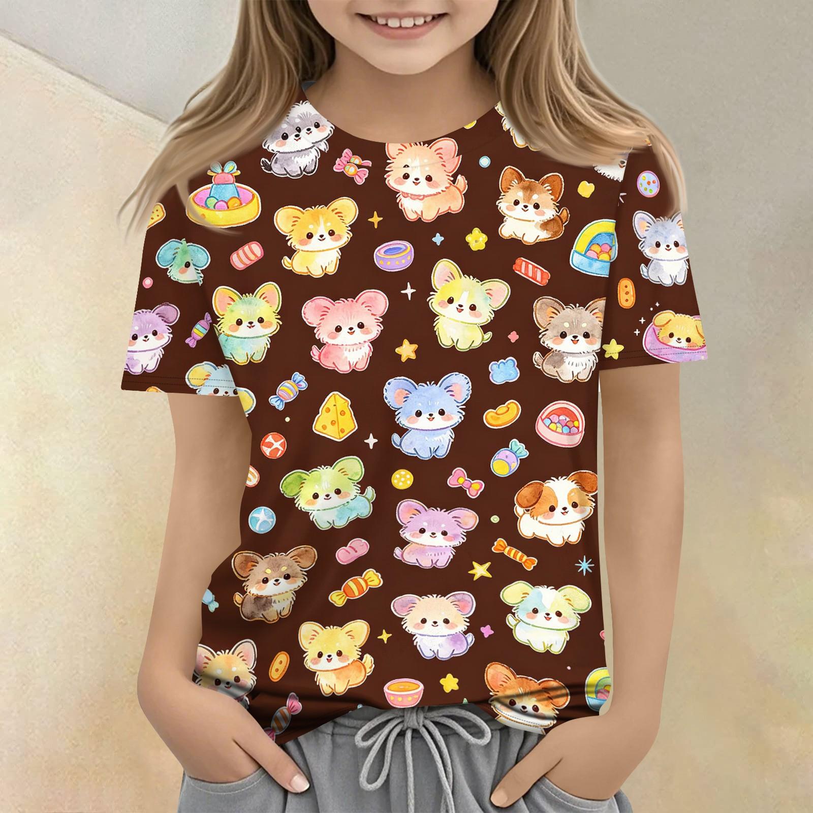 

Kids Short Sleeve T Shirt Casual Loose Fit Crew Neck Top with Animal Print Soft Comfortable Fabric Suitable for Everyday Wear 100 коричневый