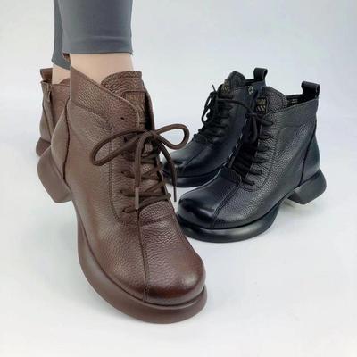 Vintage-Kurzstiefel für Damen, runder Kopf, dicker Boden vorne, Schnürung, mittlerer dicker Absatz, modische einfarbige Damenstiefel