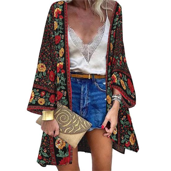 Women Cardigan Floral Print Batwing Sleeve Summer Bohemian Sun Protection Long Blouse for Daily Wear